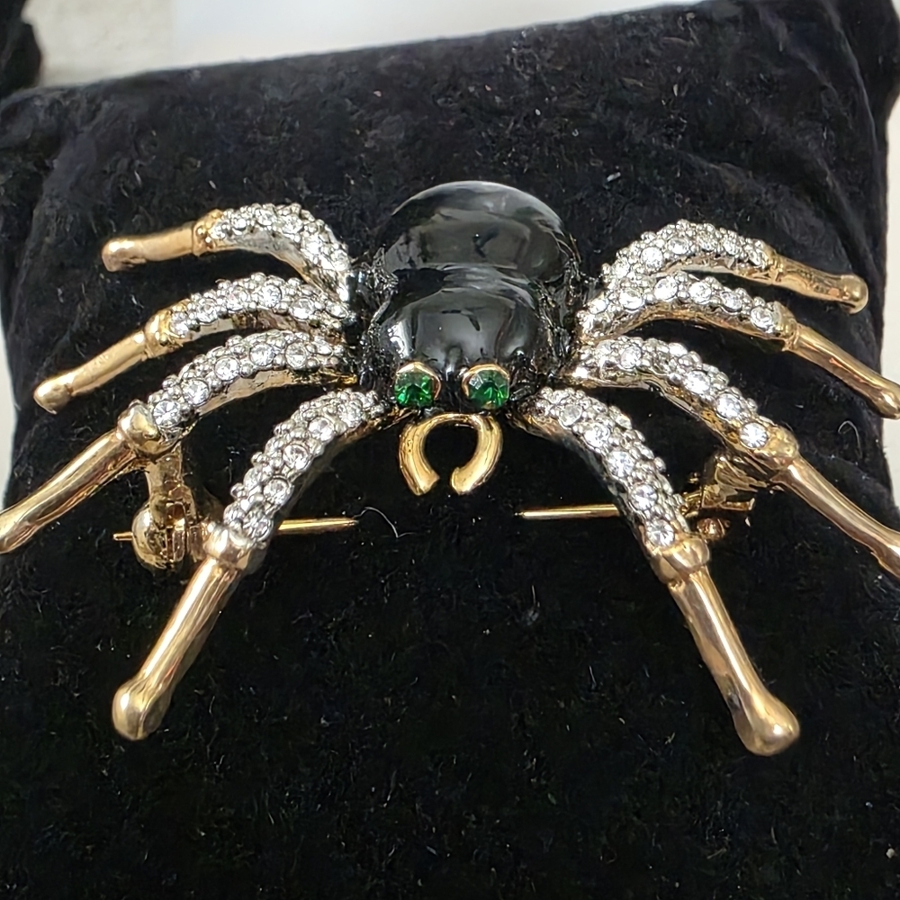 Vintage Brooch Pin Gold Pave Spider with Black Enamel - Picture 7 of 8